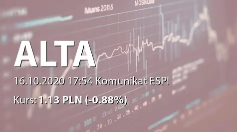 ALTA S.A.: Postanowienie sądu w sprawie wniosku o wpis w księdze wieczystej (2020-10-16)