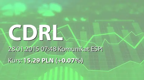 CDRL S.A.: Wstępna informacja o przychodach ze sprzedaży towarów w IV kwartale 2014 oraz w 2014 roku (2015-01-28)