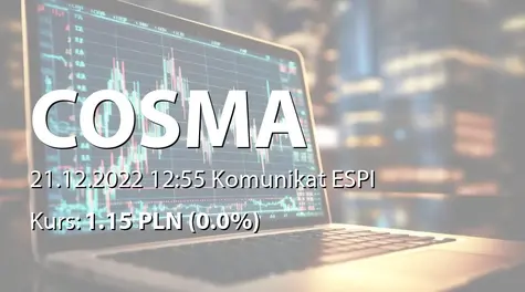 Cosma S.A.: NWZ (10:00) - projekty uchwał: połączenie z Cosma Cannabis sp. z o.o., emisja połączeniowa akcji serii H, zmiana nazwy, zmiany w RN (2022-12-21)