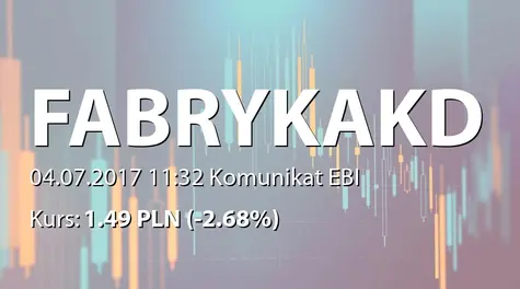 Fabryka Konstrukcji Drewnianych S.A.: ZWZ - podjÄte uchwały: pokrycie straty, zmiany w RN, zmiany w statucie, emisja warrantĂłw serii A, emisja akcji serii F  (2017-07-04)