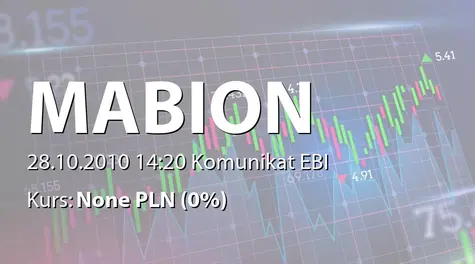 Mabion S.A.: Decyzja o przyznaniu dofinansowania z funduszu na rozwój i wdrożenie leku - 39,7 mln zł (2010-10-28)