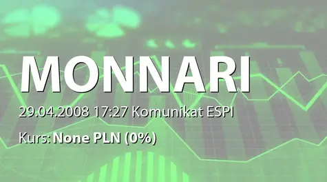 Monnari Trade S.A.: Zmiana terminu przekazania raportu o przychodach jednostkowych za kwiecień 2008r (2008-04-29)