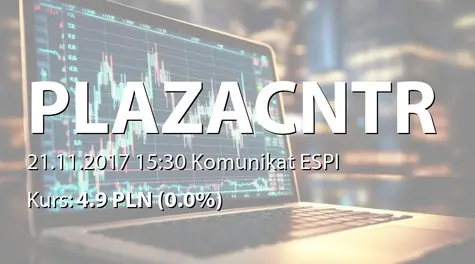 Plaza Centers N.V.: Completing the sale of Toruń Plaza (2017-11-21)