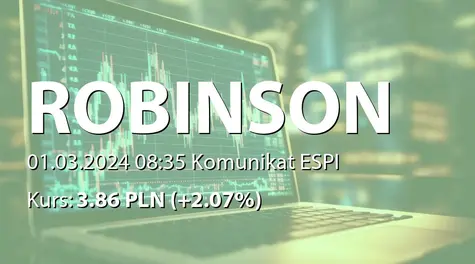 Robinson Europe S.A.: ZWZ (10:00) - projekty uchwał: wypłata dywidendy - 0,05 PLN, zgoda na zawarcie z członkami Zarządu umów pożyczek, zmiany w statucie (2024-03-01)