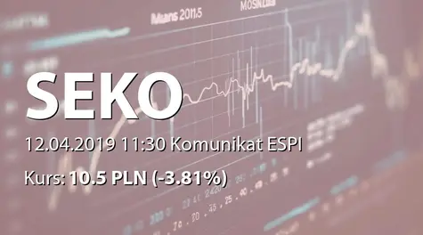 Seko S.A.: ZWZ - projekty uchwał: wypłata dywidendy - 0,66 PLN, zmiany w RN (2019-04-12)